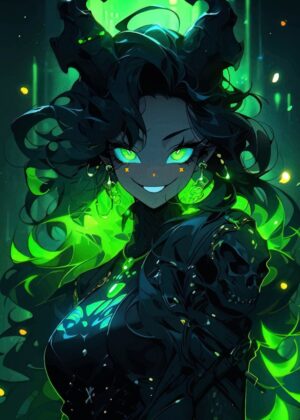 Green-Eyed Anime Girl: Mystical Digital Art Print - Premium Wooden Framed Poster. Ready to Hang.