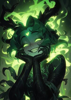 Enchanted Green-Haired Fae with Antlers Art Print - Premium Wooden Framed Poster. Ready to Hang.