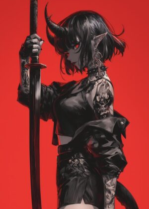 Demon Girl with Katana: Fierce Anime Art Print - Premium Wooden Framed Poster. Ready to Hang.