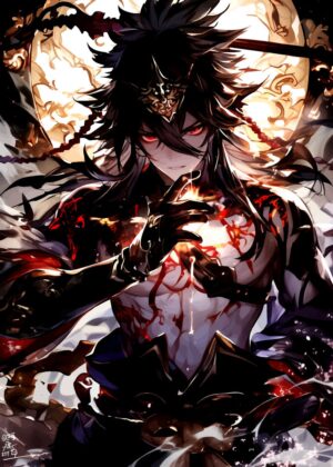 Fiery Anime Male with Crimson Eyes - Premium Wooden Framed Poster. Ready to Hang.