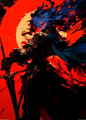 Fiery Anime Warrior: Sword and Determination - Premium Wooden Framed Poster. Ready to Hang.