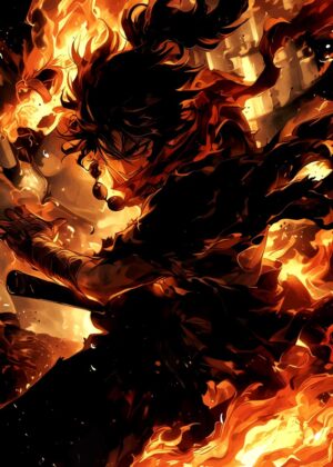 Fiery Anime Warrior: A Blaze of Glory - Premium Wooden Framed Poster. Ready to Hang.