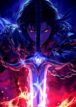Fiery Anime Warrior: Sword and Flame Artwork - Premium Wooden Framed Poster. Ready to Hang.
