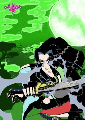 Jess Yinto: Anime Style Swordswoman Artwork - Premium Wooden Framed Poster. Ready to Hang.
