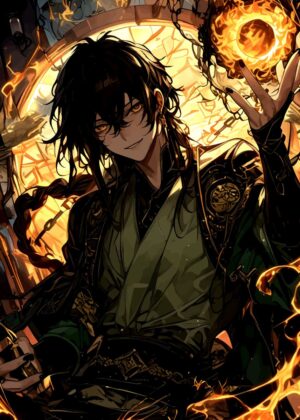 Legendary Anime Fire Warrior - Premium Wooden Framed Poster. Ready to Hang.