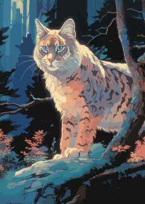 Mystical Lynx: A Night in the Forest - Premium Wooden Framed Poster. Ready to Hang.