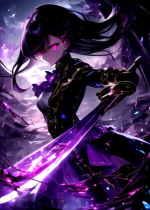 Dark Anime Girl with Sword Art - Premium Wooden Framed Poster. Ready to Hang.