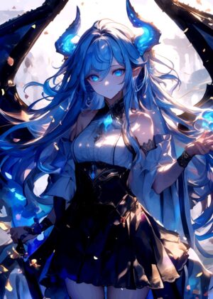 Celestial Demoness: Anime Digital Art Print - Premium Wooden Framed Poster. Ready to Hang.