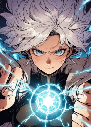 Fierce Anime Girl with Electric Powers - Premium Wooden Framed Poster. Ready to Hang.
