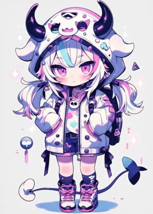 Kawaii Anime Cow Girl: Cute Anime Art Print - Premium Wooden Framed Poster. Ready to Hang.