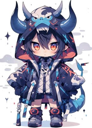 Anime Boy with Demon Mask: Stylish and Edgy Digital Art Print - Premium Wooden Framed Poster. Ready to Hang.