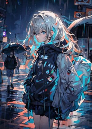 Anime Girl in the Rain: A Night in the City - Premium Wooden Framed Poster. Ready to Hang.