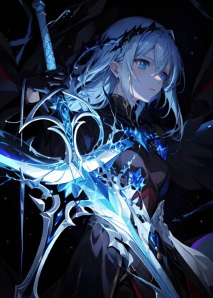 Anime Girl with Ice Sword Art Print - Premium Wooden Framed Poster. Ready to Hang.