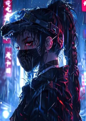 Cyberpunk Anime Girl in the Rain - Premium Wooden Framed Poster. Ready to Hang.