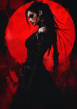 Dark Figure Against Crimson Moon: A Digital Painting - Premium Wooden Framed Poster. Ready to Hang.