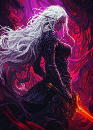 Dark Fantasy Warrior Woman: A Fierce and Elegant Digital Art Print - Premium Wooden Framed Poster. Ready to Hang.