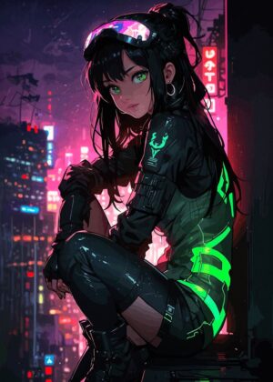 Cyberpunk Anime Girl: Neon City Nights - Premium Wooden Framed Poster. Ready to Hang.