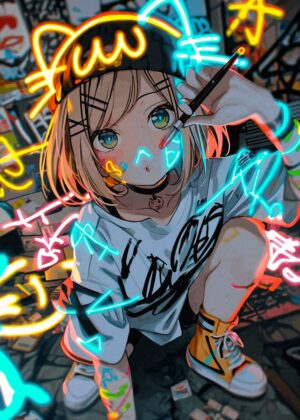 Anime Girl Neon Art Print - Premium Wooden Framed Poster. Ready to Hang.