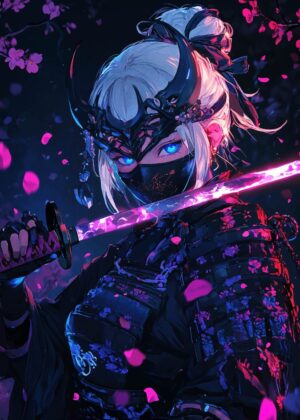Cyberpunk Samurai Girl: Neon Nights - Premium Wooden Framed Poster. Ready to Hang.