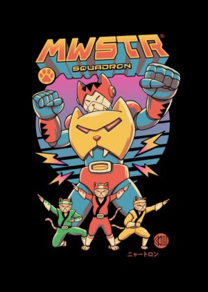 Meowster Squadron: Retro 80s Anime Cat Robot Art - Premium Wooden Framed Poster. Ready to Hang.