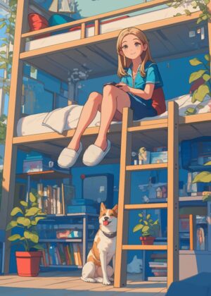 Girl Relaxing on Bunk Bed with Her Dog - Premium Wooden Framed Poster. Ready to Hang.