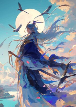 Anime Samurai Warrior: Windswept Elegance - Premium Wooden Framed Poster. Ready to Hang.