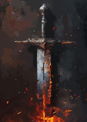Fiery Demon Slayer Sword Artwork - Premium Wooden Framed Poster. Ready to Hang.