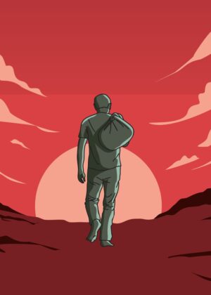 Solitary Journey: A Man's Walk into the Sunset - Premium Wooden Framed Poster. Ready to Hang.