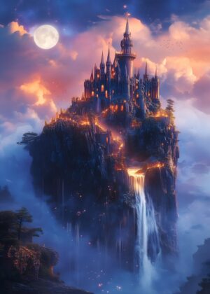 Enchanted Clifftop Castle: Fantasy Art Print - Premium Wooden Framed Poster. Ready to Hang.