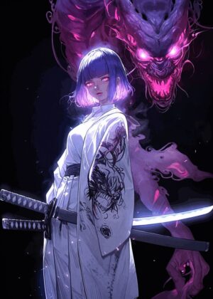 Anime Girl with Dragon Tattoo: Fierce and Mystical Artwork - Premium Wooden Framed Poster. Ready to Hang.