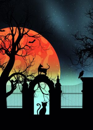 Halloween Night Gate: Spooky Silhouette Artwork - Premium Wooden Framed Poster. Ready to Hang.