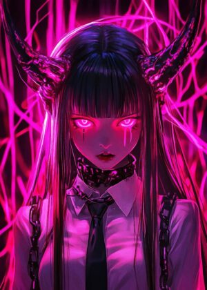 Neon Pink Demon Girl Art Print - Premium Wooden Framed Poster. Ready to Hang.