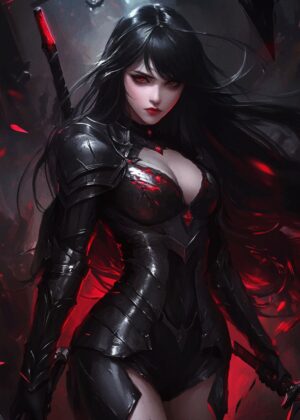 Dark Anime Warrior Woman: Fierce and Beautiful Digital Art Print - Premium Wooden Framed Poster. Ready to Hang.