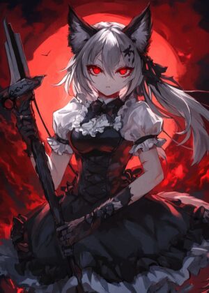 Anime Girl with Fiery Red Eyes and Dark Fantasy Aesthetics - Premium Wooden Framed Poster. Ready to Hang.