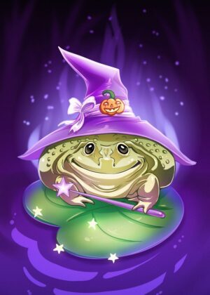 Halloween Frog Witch: Magical Autumn Artwork - Premium Wooden Framed Poster. Ready to Hang.