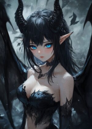 Anime Demon Girl with Striking Blue Eyes - Premium Wooden Framed Poster. Ready to Hang.