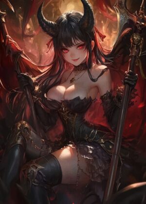 Demon Girl with Red Eyes: Dark Fantasy Art Print - Premium Wooden Framed Poster. Ready to Hang.