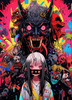 Demon Mask Girl: Vibrant Streetwear Art Print - Premium Wooden Framed Poster. Ready to Hang.
