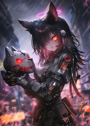 Cyberpunk Anime Girl: Rain-Soaked Streets and Neon Lights - Premium Wooden Framed Poster. Ready to Hang.