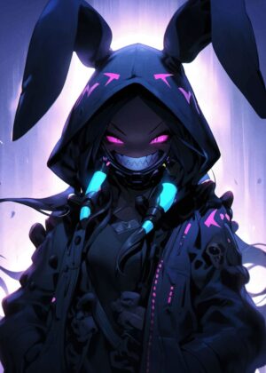 Cyberpunk Bunny Girl: Dark Fantasy Art Print - Premium Wooden Framed Poster. Ready to Hang.