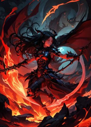 Fiery Demon Warrior: Digital Art Print - Premium Wooden Framed Poster. Ready to Hang.