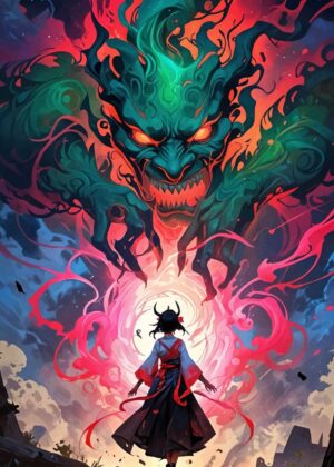 Demon and Girl: A Confrontation of Myth and Mystery - Premium Wooden Framed Poster. Ready to Hang.