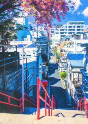 Vibrant Japanese Street Scene: Cherry Blossoms and Cityscape - Premium Wooden Framed Poster. Ready to Hang.