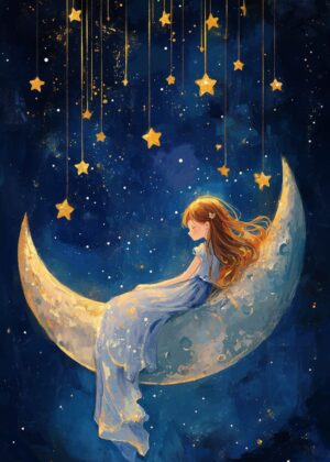 Dreaming on a Crescent Moon: A Celestial Girl's Night - Premium Wooden Framed Poster. Ready to Hang.
