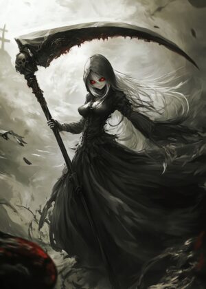 Dark Anime Reaper Girl: Gothic Fantasy Art Print - Premium Wooden Framed Poster. Ready to Hang.
