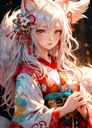 Anime Fox Girl in Kimono: Elegant and Mystical Artwork - Premium Wooden Framed Poster. Ready to Hang.