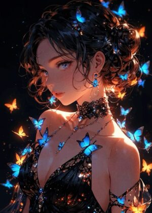 Anime Girl Surrounded by Butterflies - Premium Wooden Framed Poster. Ready to Hang.