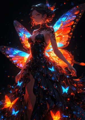 Anime Butterfly Girl: Enchanting Digital Art Print - Premium Wooden Framed Poster. Ready to Hang.