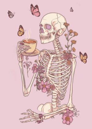 Floral Skeleton Tea Enjoyer Art Print - Premium Wooden Framed Poster. Ready to Hang.