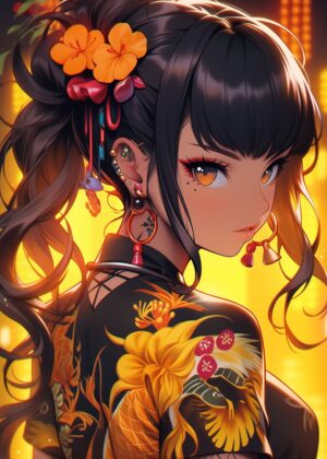 Anime Girl with Floral Design: Vibrant Artwork - Premium Wooden Framed Poster. Ready to Hang.